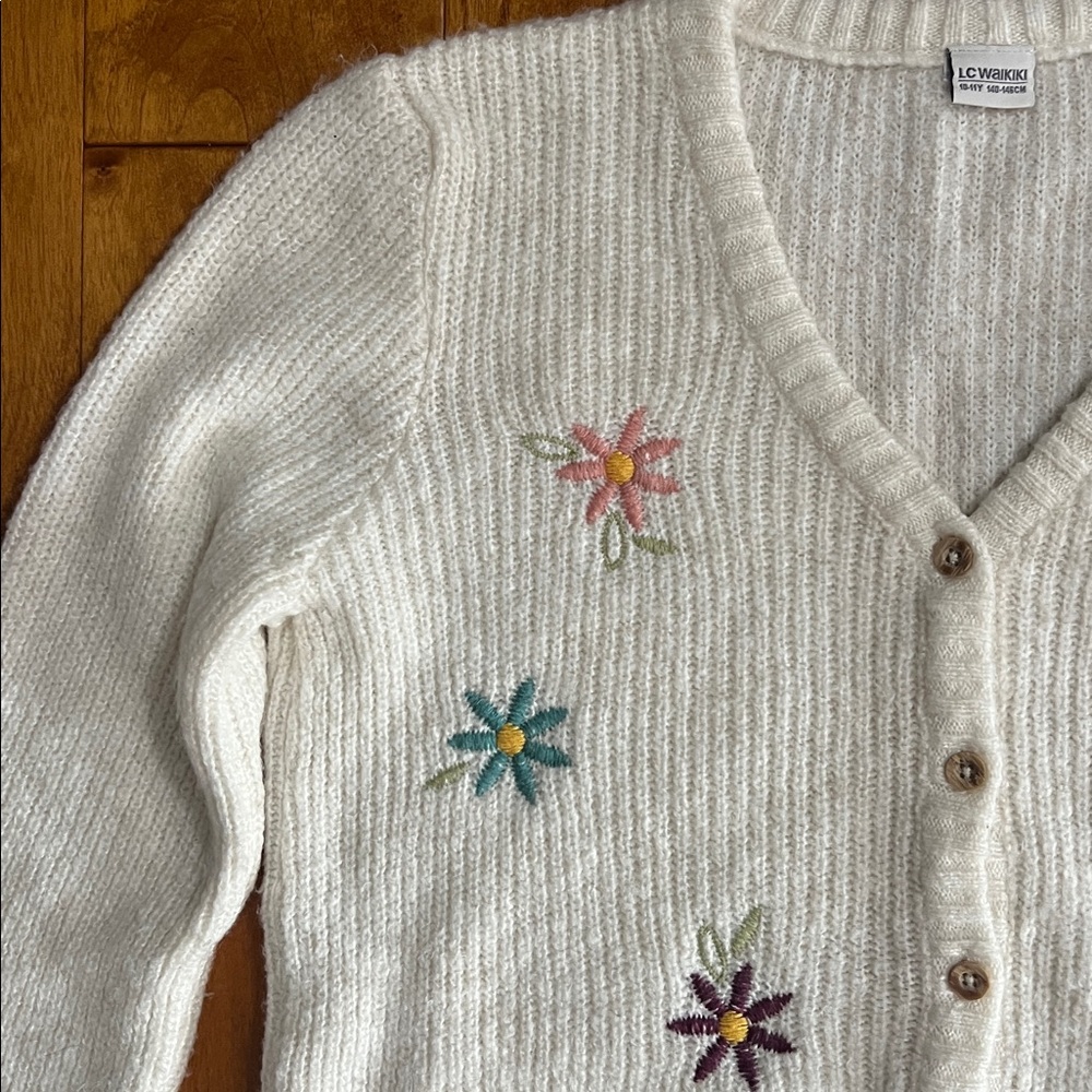 LC Waikiki Kids Floral Embroidered Cream Cardigan Size 10-11 Y Ribbed Design - Picture 3 of 10